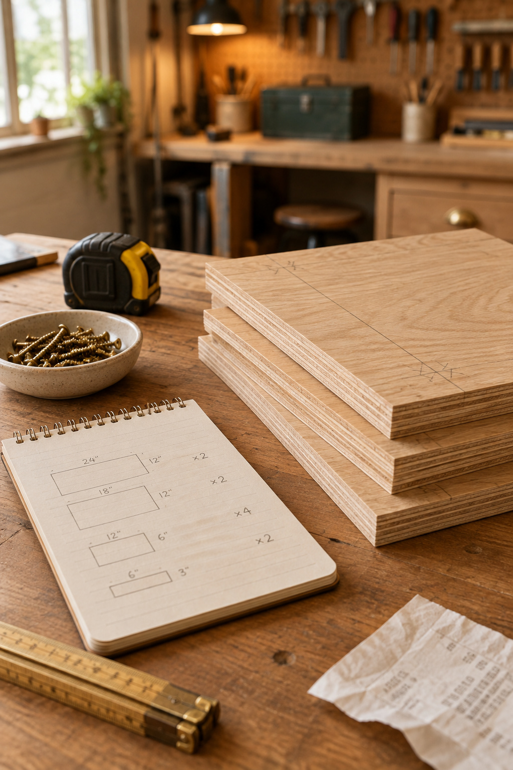 Workbench flat-lay of a closet-build cut list, tape measure and cut oak plywood offcuts