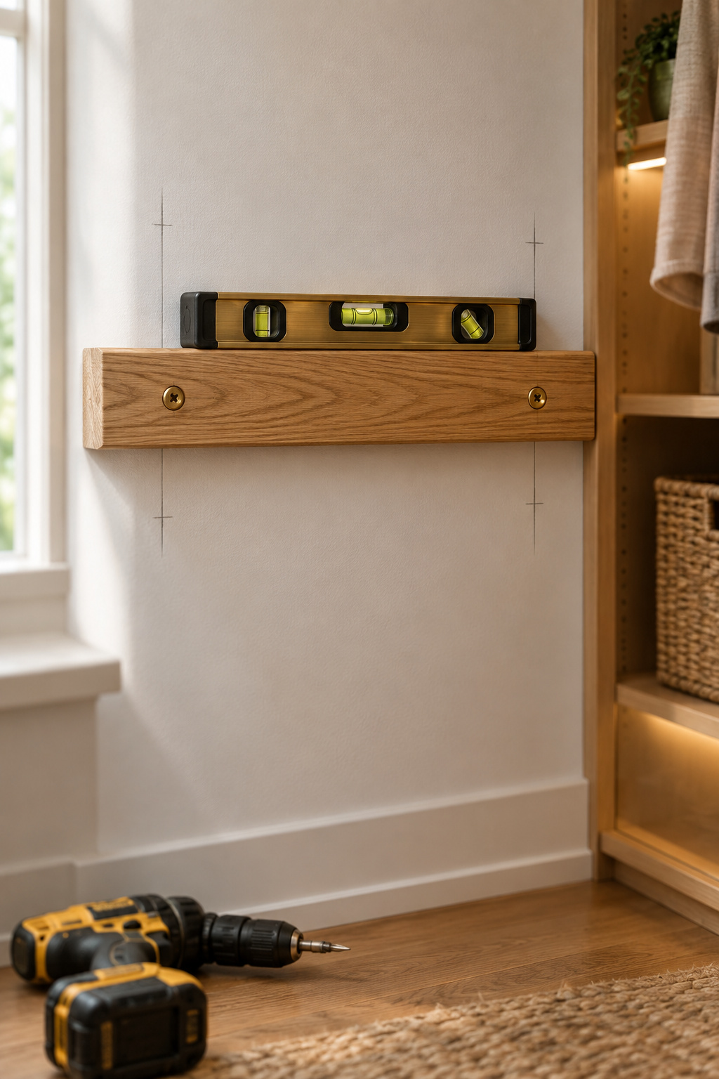 Oak wall cleat leveled and marked for stud screws during a DIY closet shelf installation