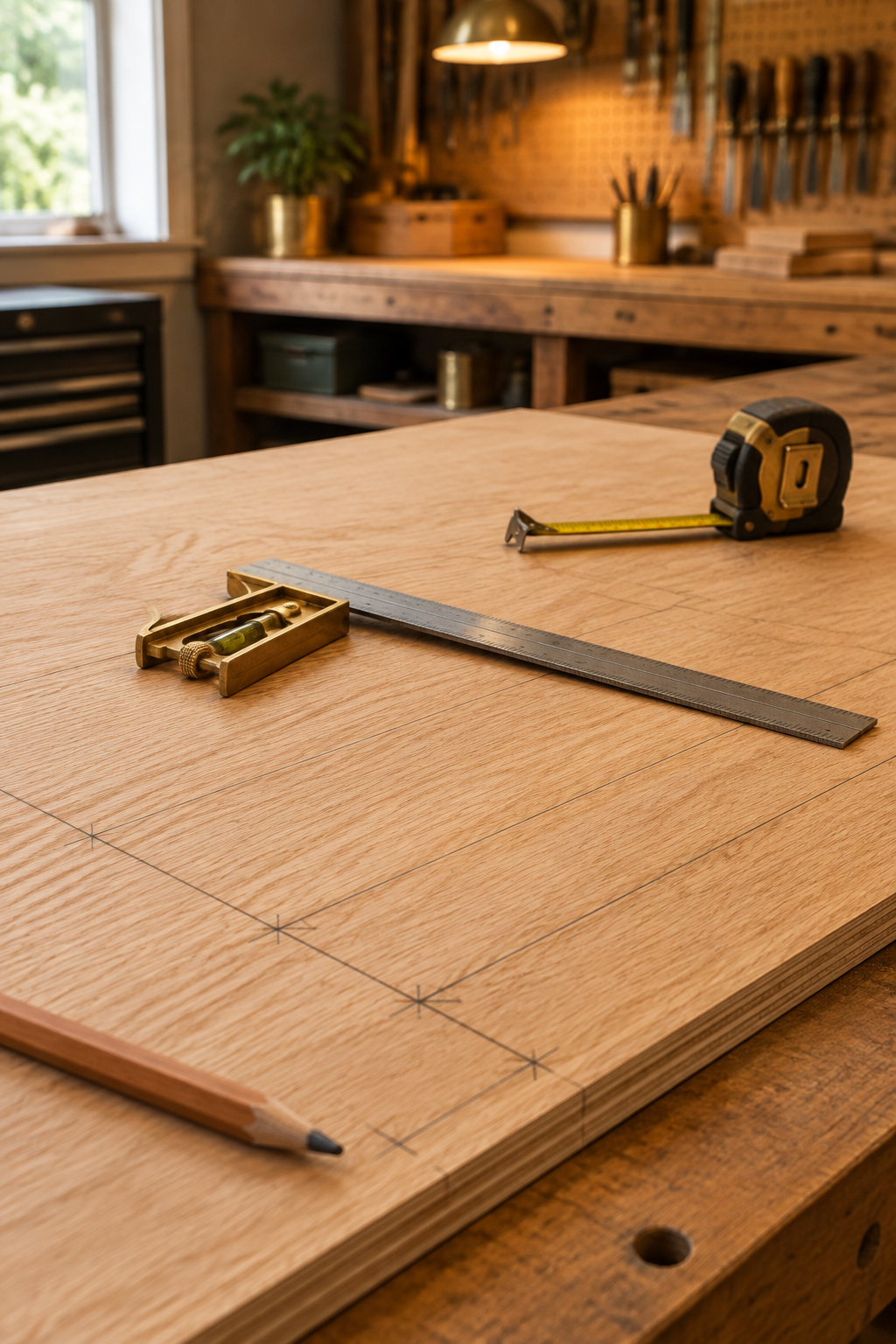 Plywood sheet marked with a cut list, tape measure and combination square for a DIY closet shelf build