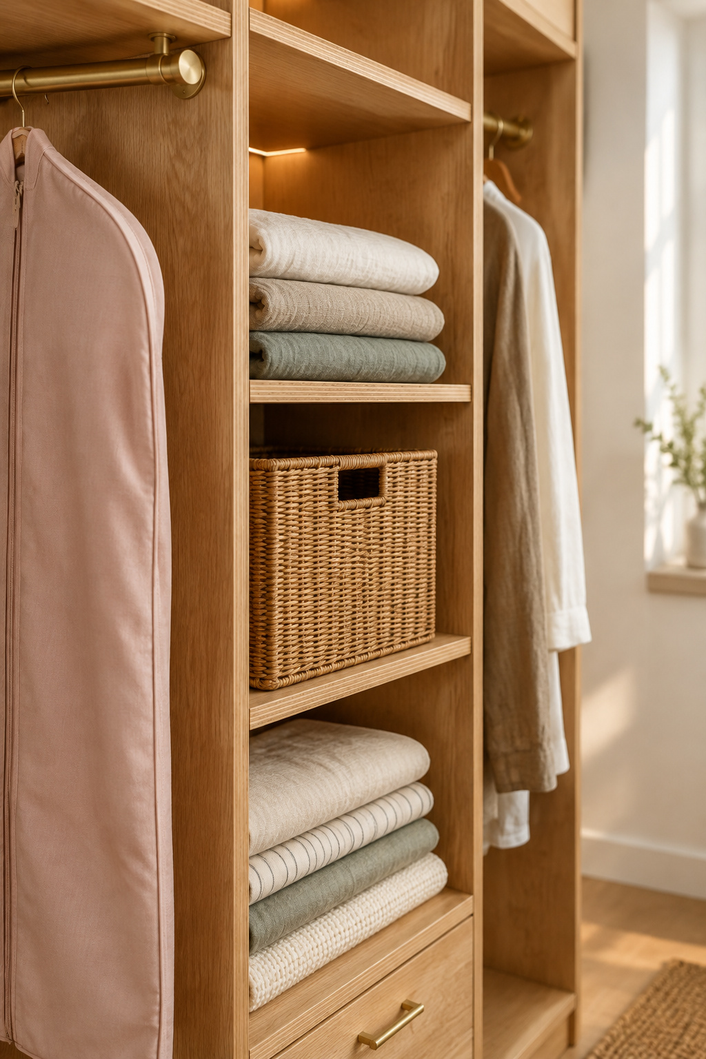 Finished DIY closet organizer styled with folded linens, a woven rattan bin and a canvas garment bag