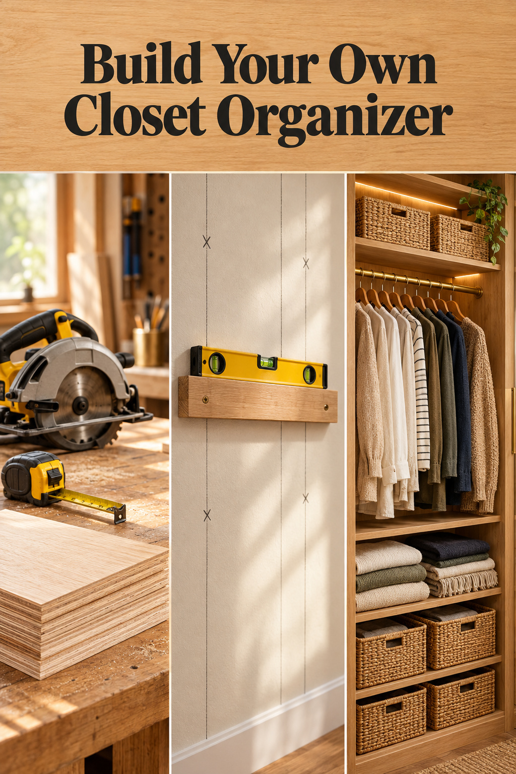 Pinterest pin collage of DIY closet organizer plans: cutting plywood, leveling a cleat, and the finished shelf-and-rod closet
