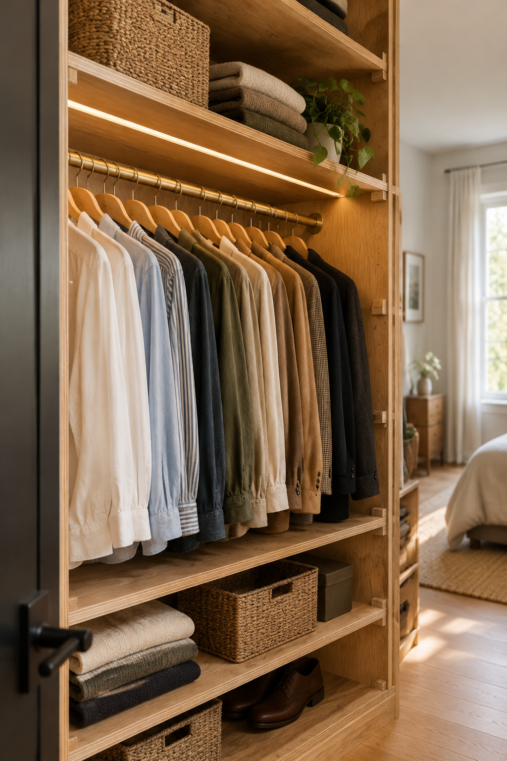 Finished DIY closet organizer built from oak plywood with a shelf-and-rod system holding hung clothes