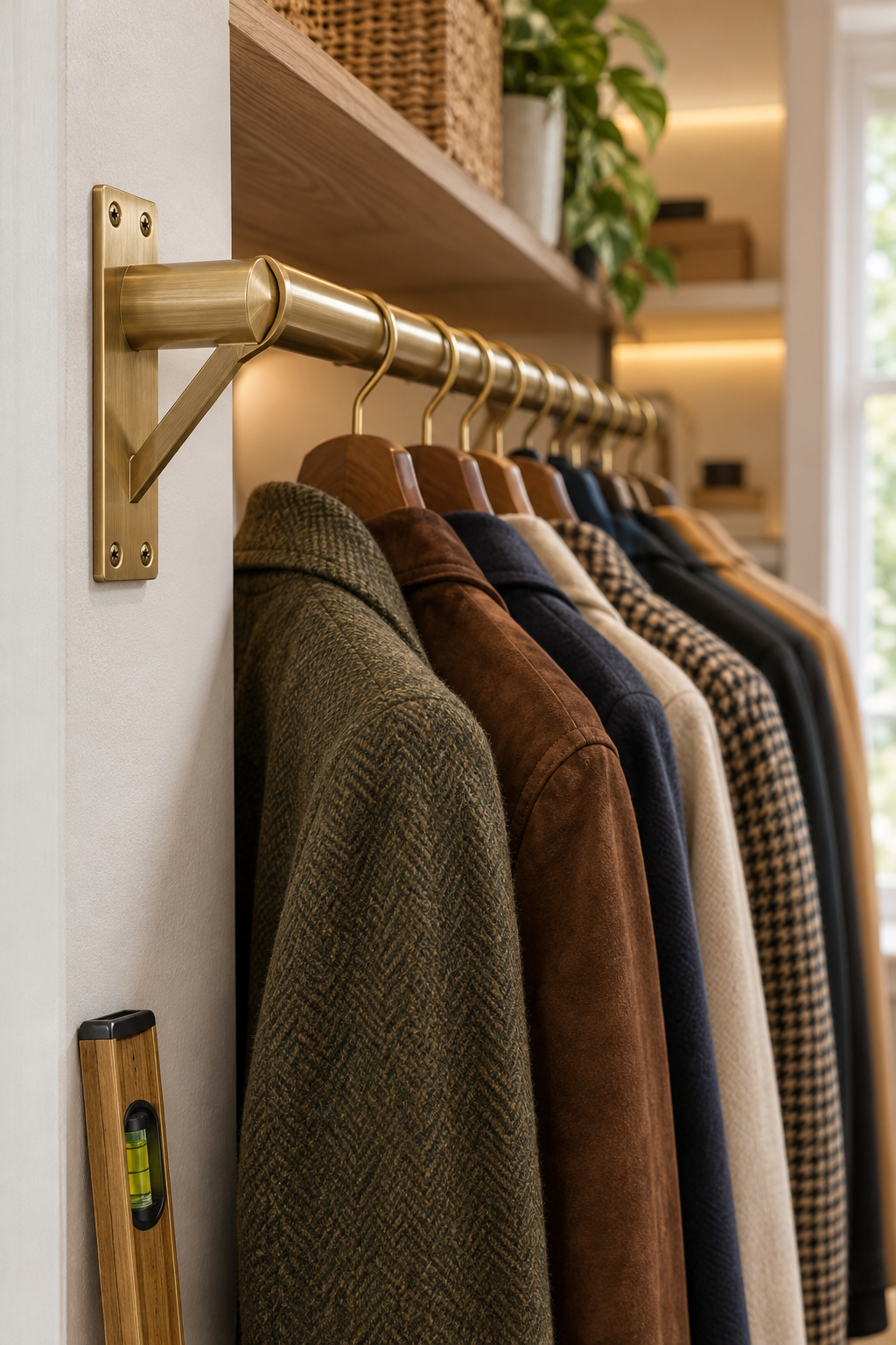 Brushed-brass closet rod bracket mounted into a wall stud, holding a loaded rod of hanging coats