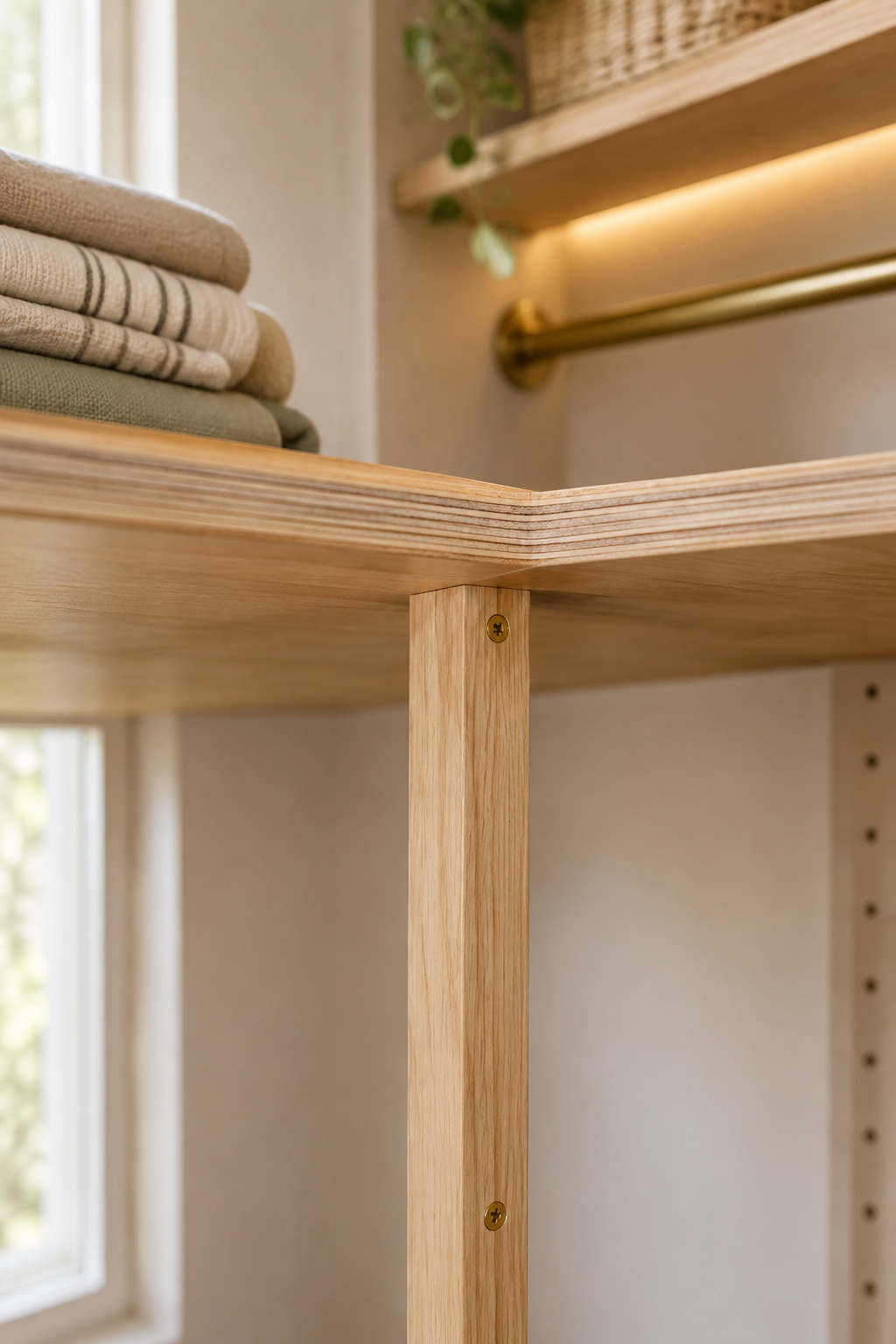 Slightly sagging plywood closet shelf with a new center support strip being added beneath it