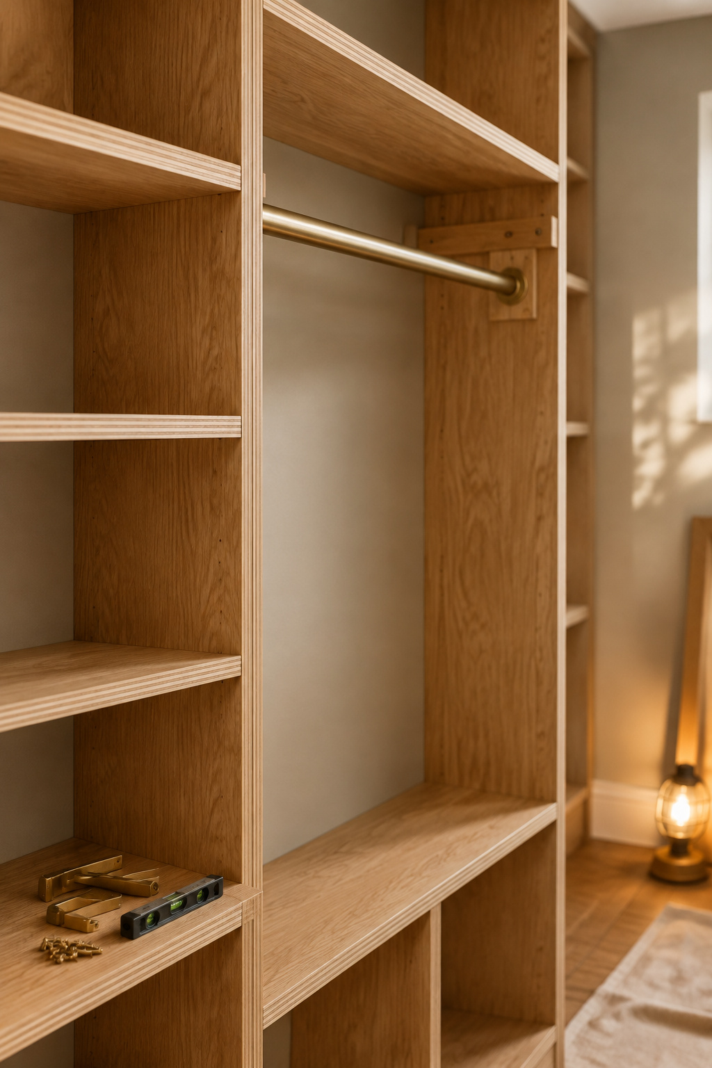DIY plywood closet organizer with open cubbies and a hanging rod mounted on cleats into wall studs