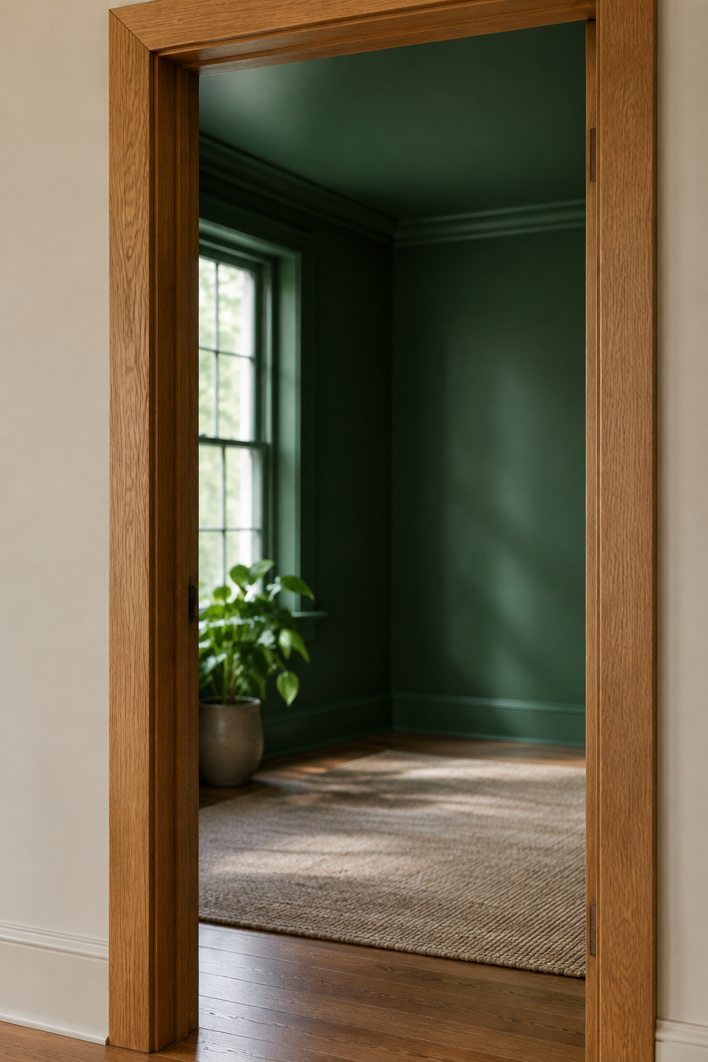 Doorway framed in oak wood opening onto a living room with walls, trim and ceiling painted deep bottle-green