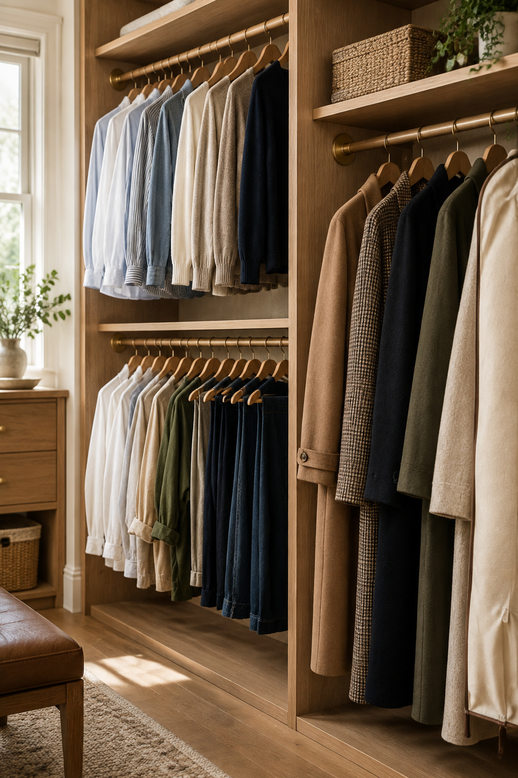 Walk-in closet showing a double-hang rod zone next to a single long-hang rod zone for coats