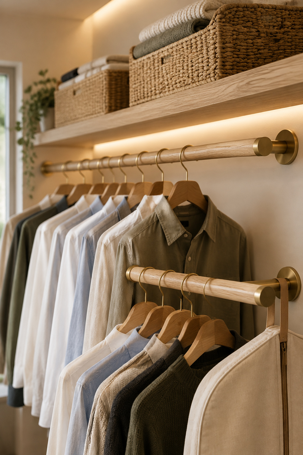 Double-hung oak closet rods with shirts on hangers and a floating shelf of woven baskets above