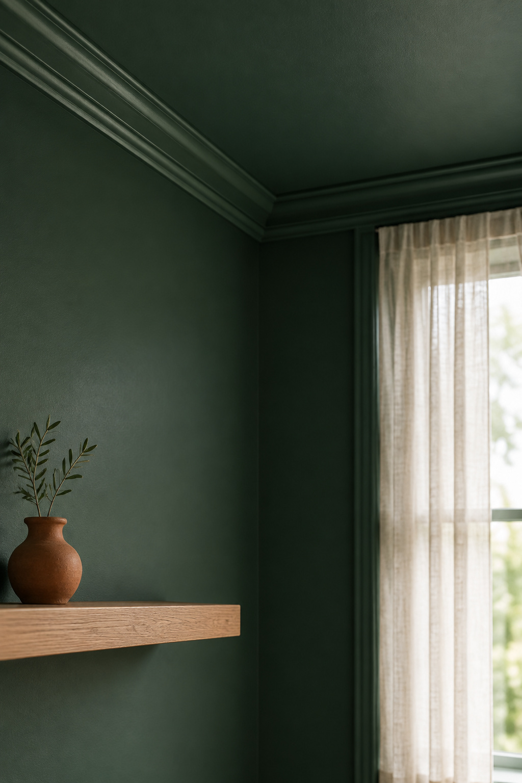 Corner of a room where a deep bottle-green ceiling meets matching walls and trim, lit by a side window