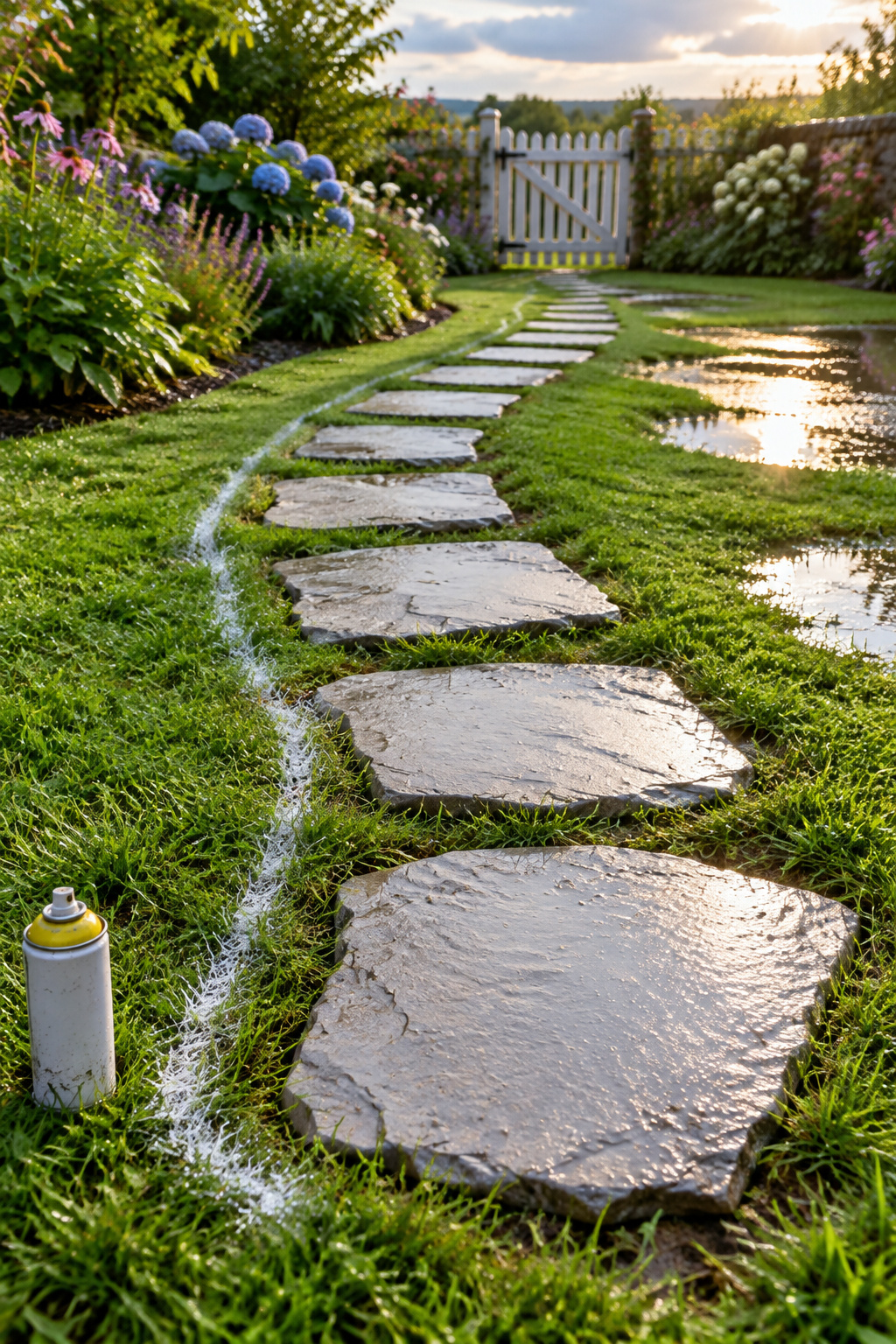 Unset stepping stones laid on a lawn in a gentle curve, with fresh white paint outlines on the grass beside two of them