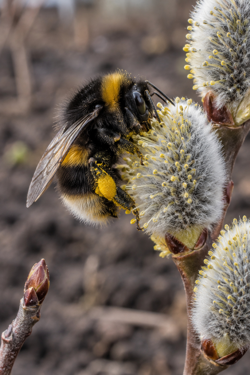 Macro photograph of a queen bumblebee foraging on silvery pussy willow catkins over bare early-spring soil