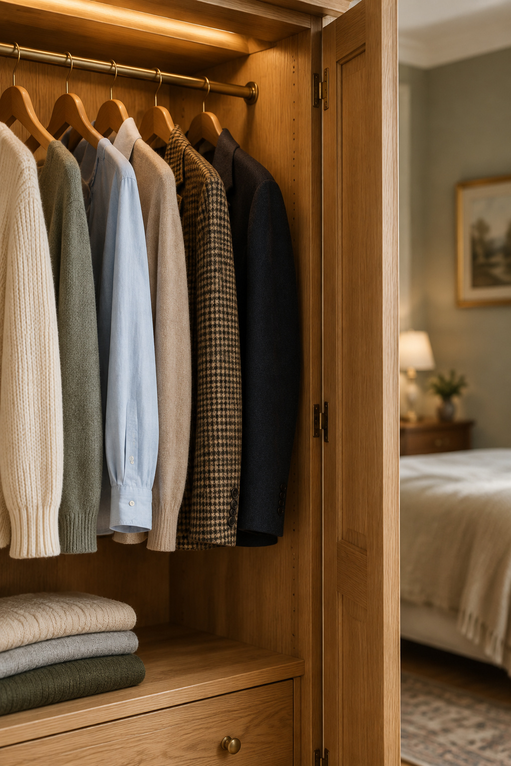 Open oak wardrobe interior with a neatly edited row of hung garments and folded sweaters