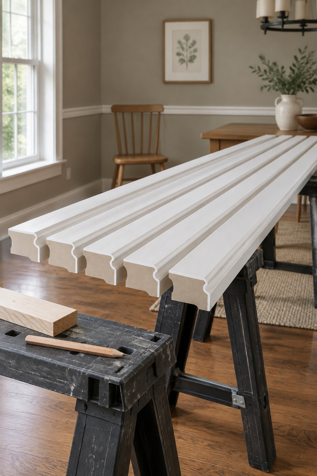 Five primed eight-foot base cap molding lengths laid across sawhorses beside a spacer block and pencil in a dining room