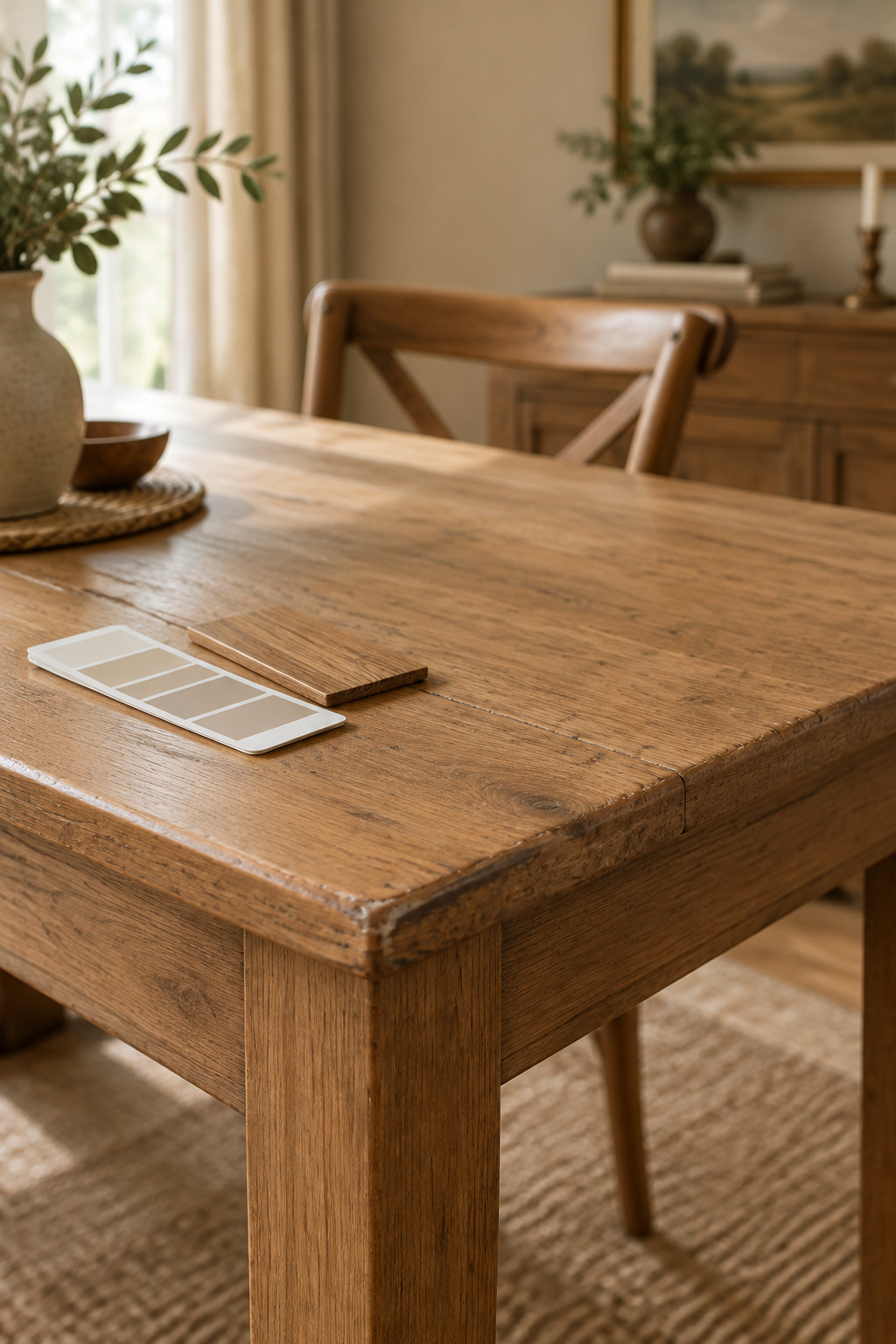 Plain single tone wood dining table with a paint swatch card and stain sample resting on the surface