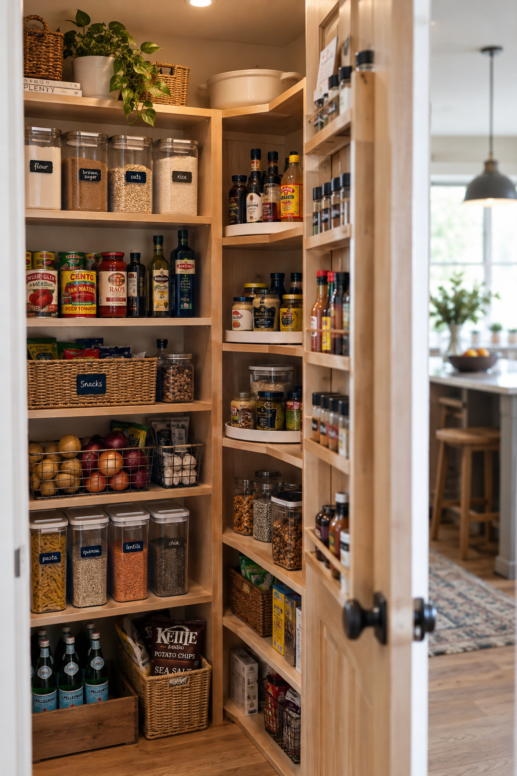 Finished reach-in pantry with the door open, shelves legible at a glance, a door rack and corner turntable in use