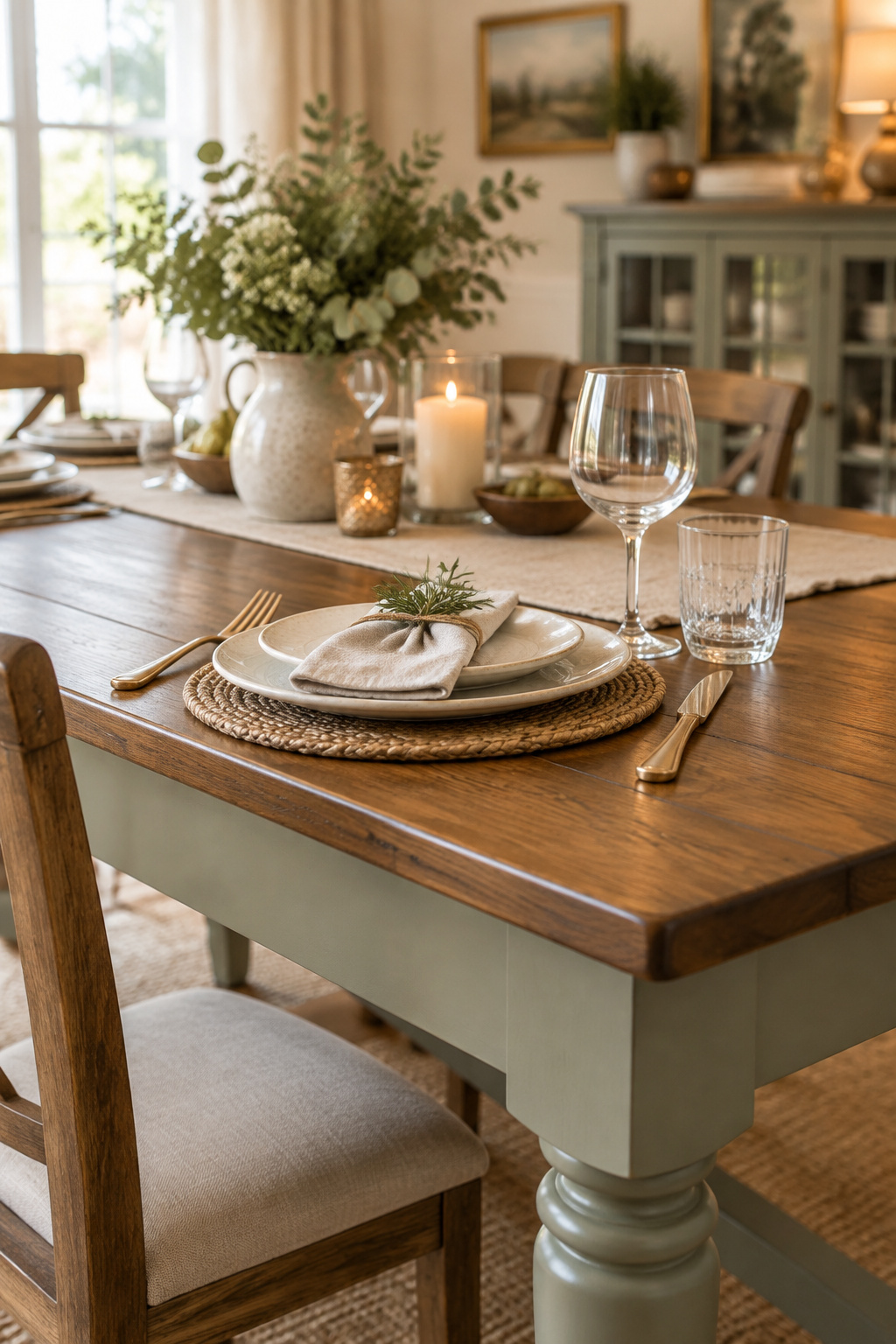Corner of a finished dining table with a satin-painted base and stained wood top set for daily use in a daylight dining room