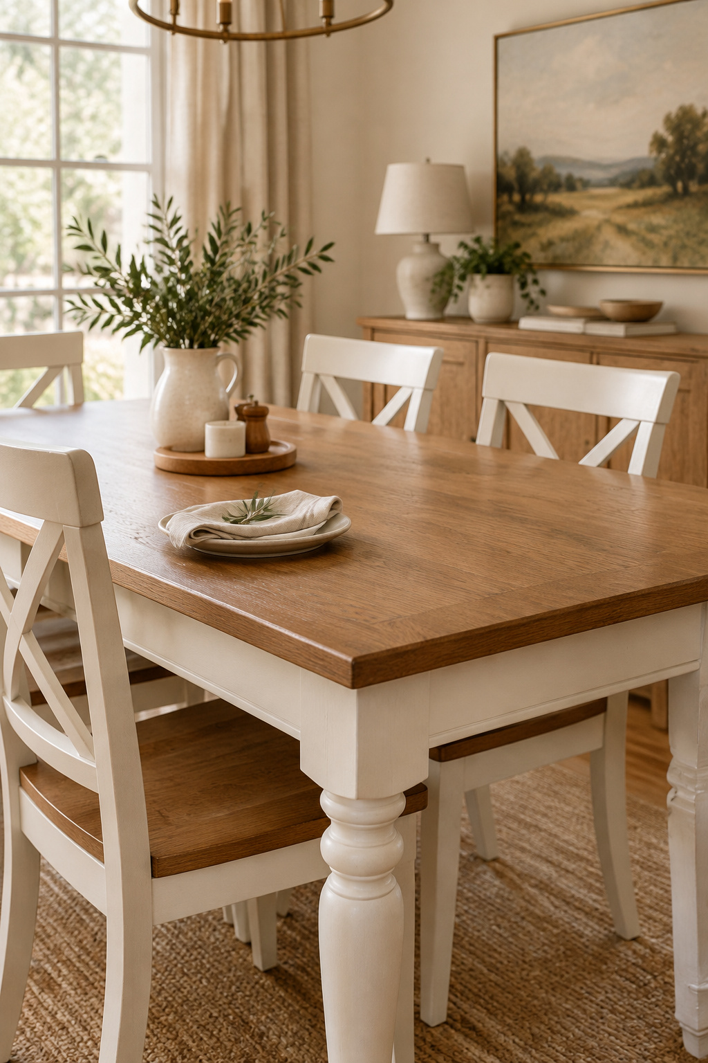 Finished two-tone dining table with a stained veneer top and painted base in a bright, warm dining room