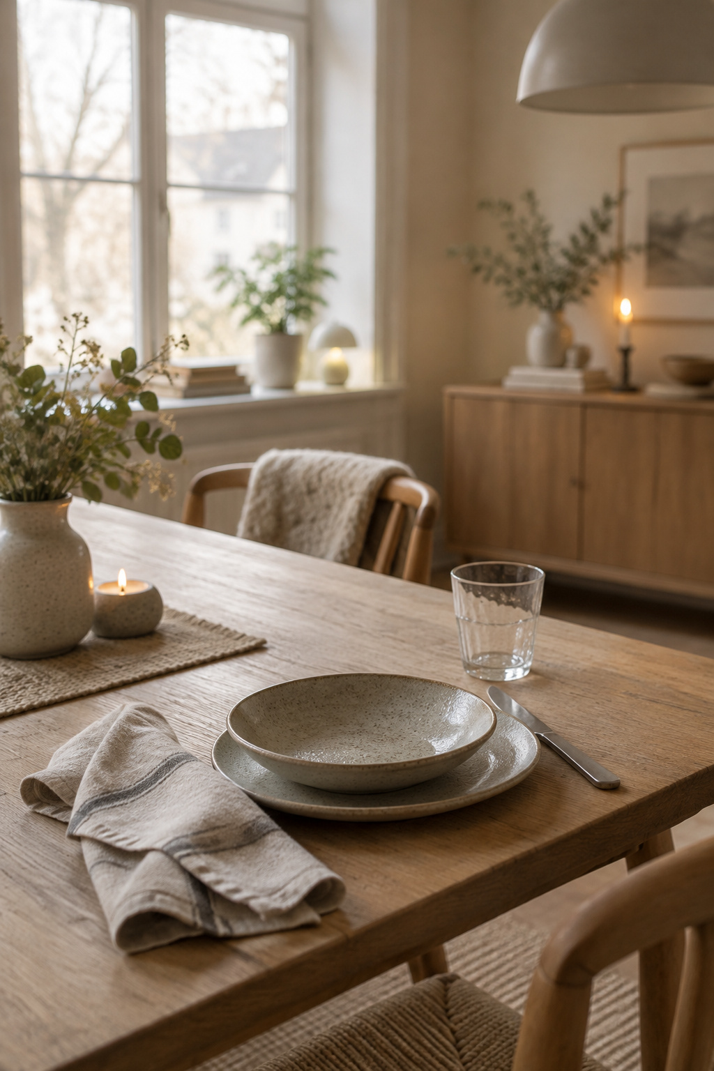 Finished gray-washed dining table on a painted base, set simply for a meal in a daylight-filled room