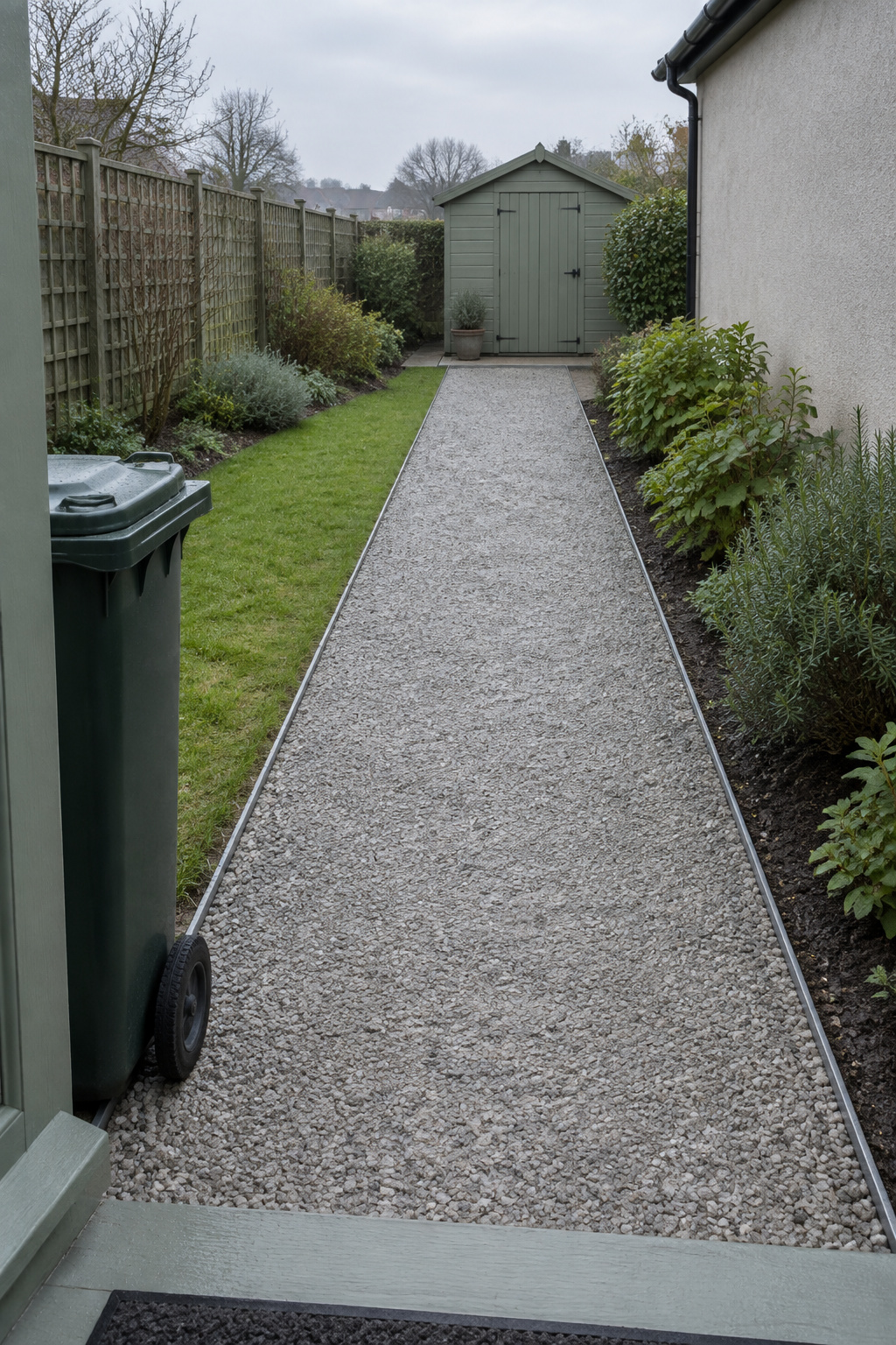 A pale crushed-stone path with metal edging running from a back door step to a timber shed, damp after rain but with no standing water