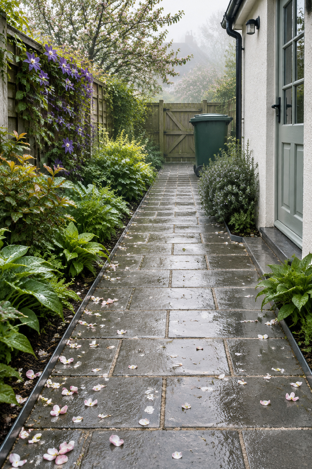 A firm grey paver path with steel edging running from a back door along the house to a side gate, a wheeled bin waiting at the gate end