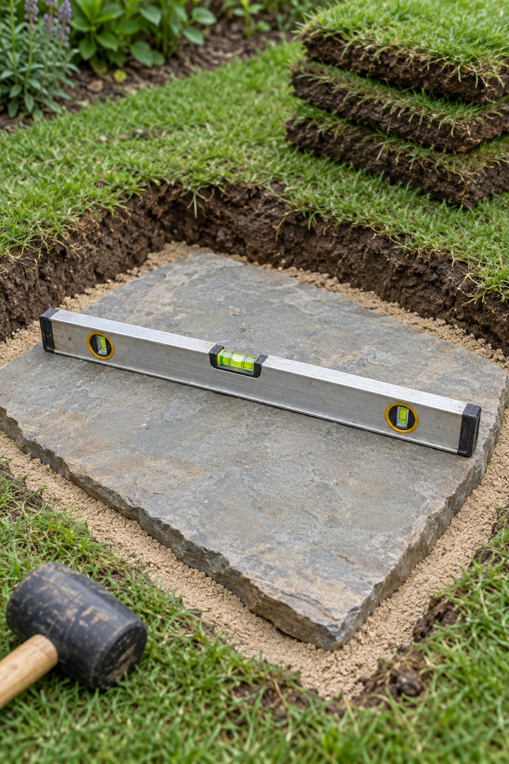 A flat flagstone seated in a freshly dug hole with a bubble level resting on top and pale bedding sand visible around the edge