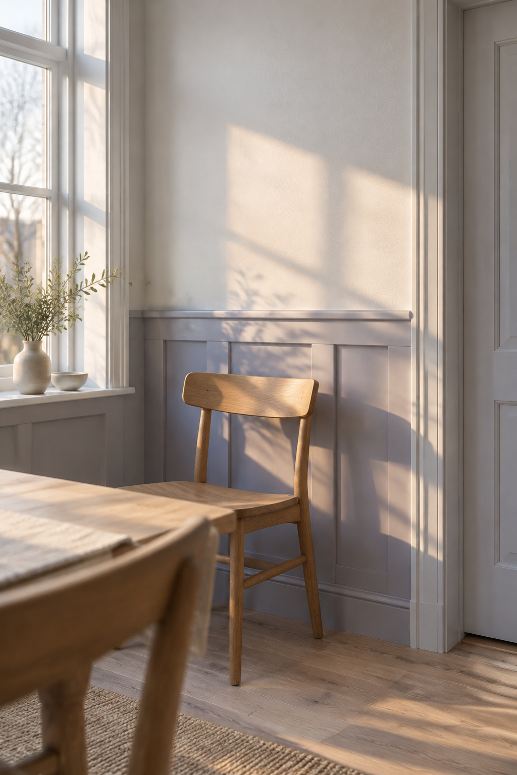 Lilac-grey flat-panel wainscot beside a plain door casing in a daylight dining room with a wooden chair pushed back to the rail