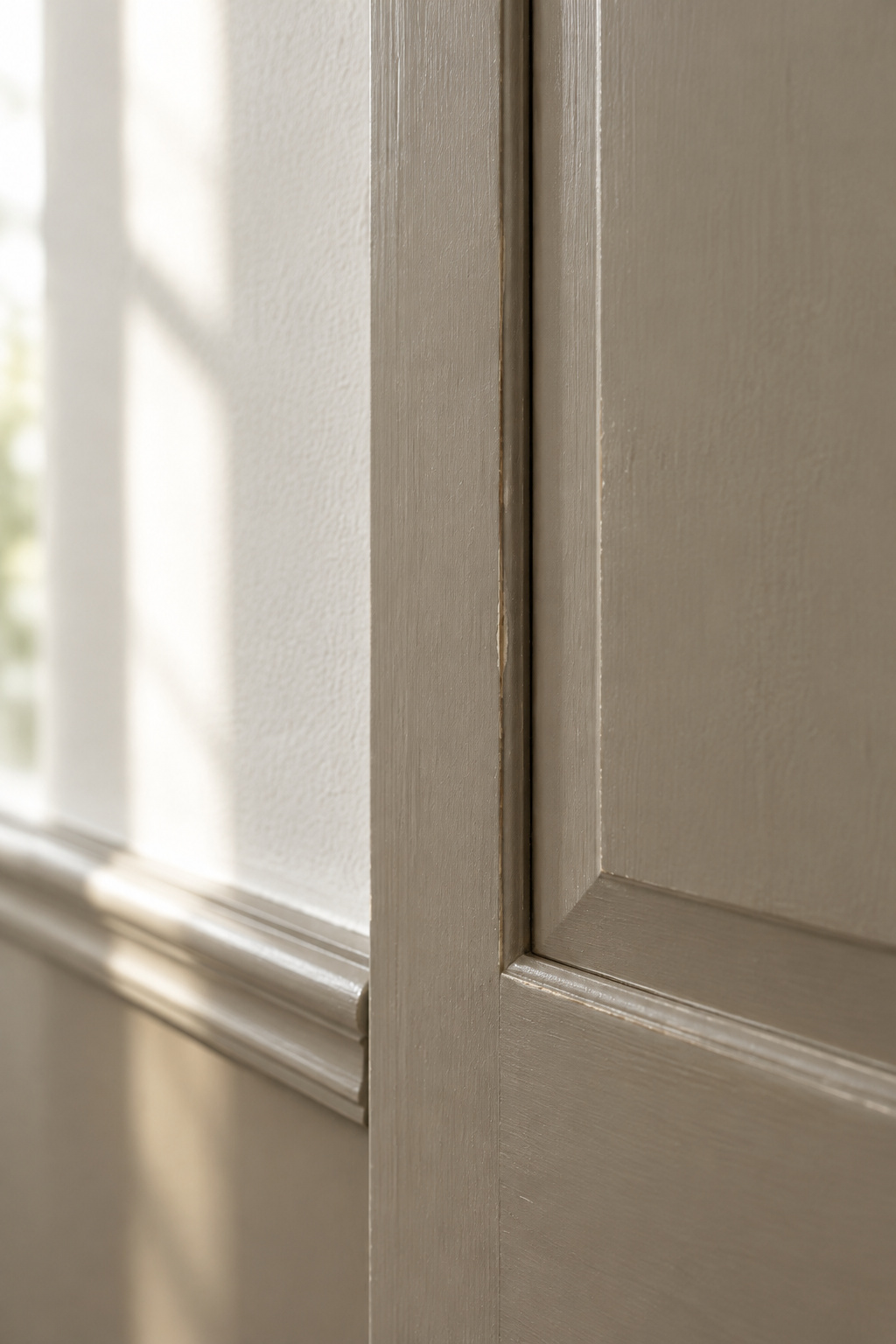 Close view of a mushroom-painted raised panel edge with a thin shadow line where the panel meets its frame