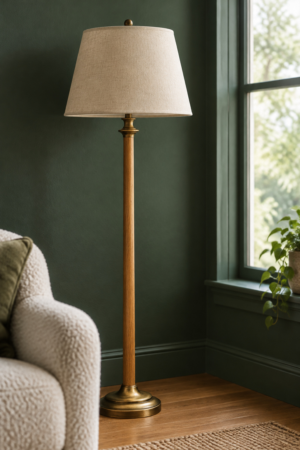 Floor lamp with linen shade and aged brass base standing beside a deep bottle-green living room wall in daylight