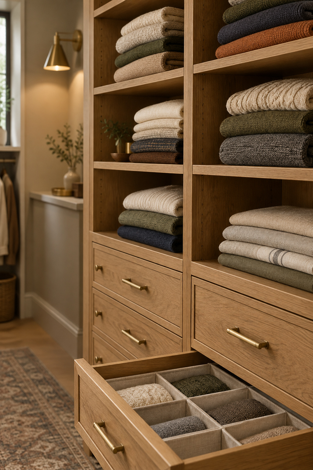 Folded-goods wall in a walk-in closet with open oak shelves of folded knits above closed drawers