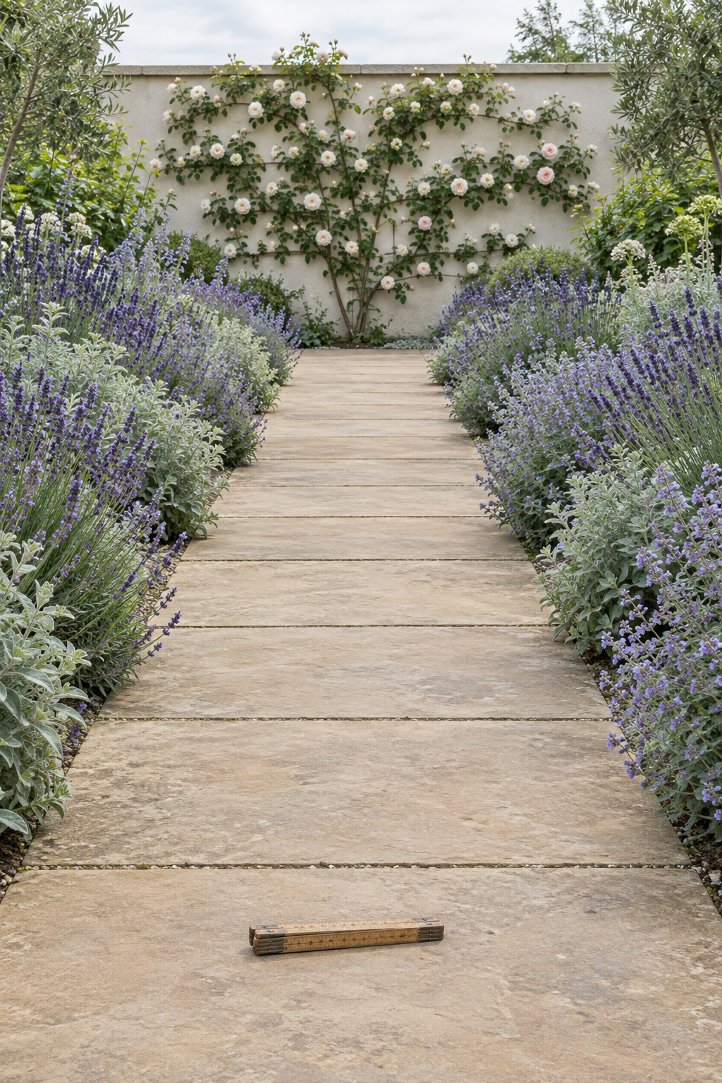 A wide sandstone slab path between lavender and catmint borders with a folded wooden rule lying across one slab