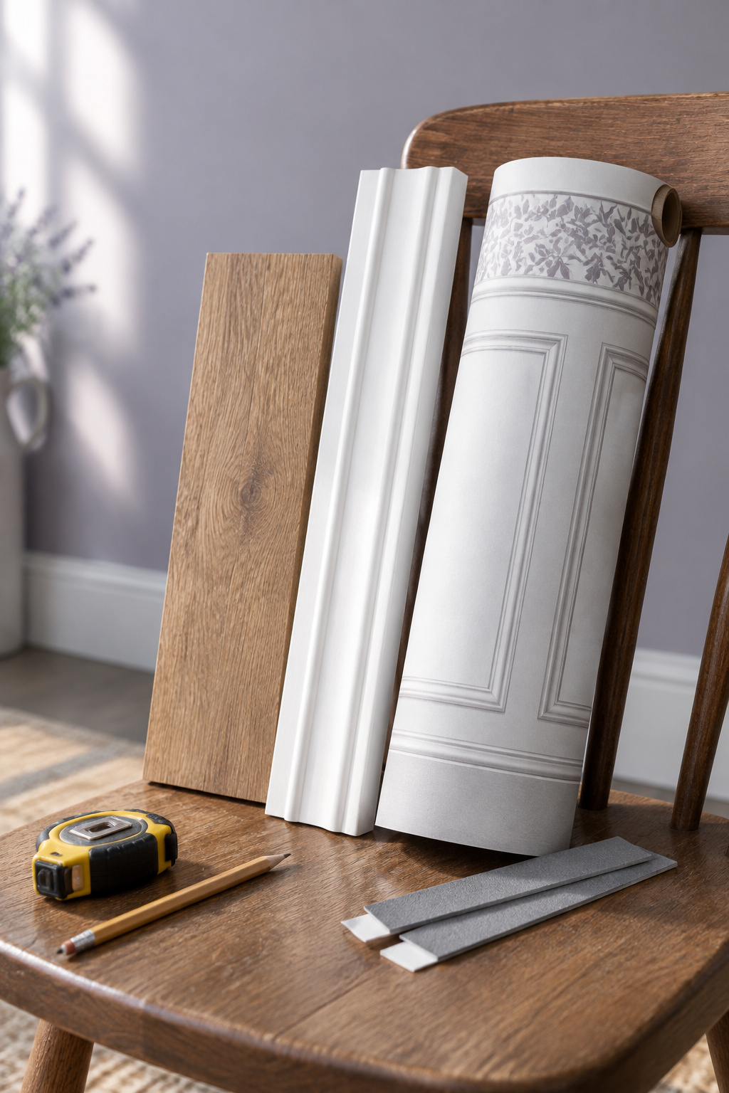 Four no-nail wainscoting samples leaning against a lilac grey wall: a wood plank panel, white trim, rolled printed wallpaper and a pair of adhesive strips on a chair seat