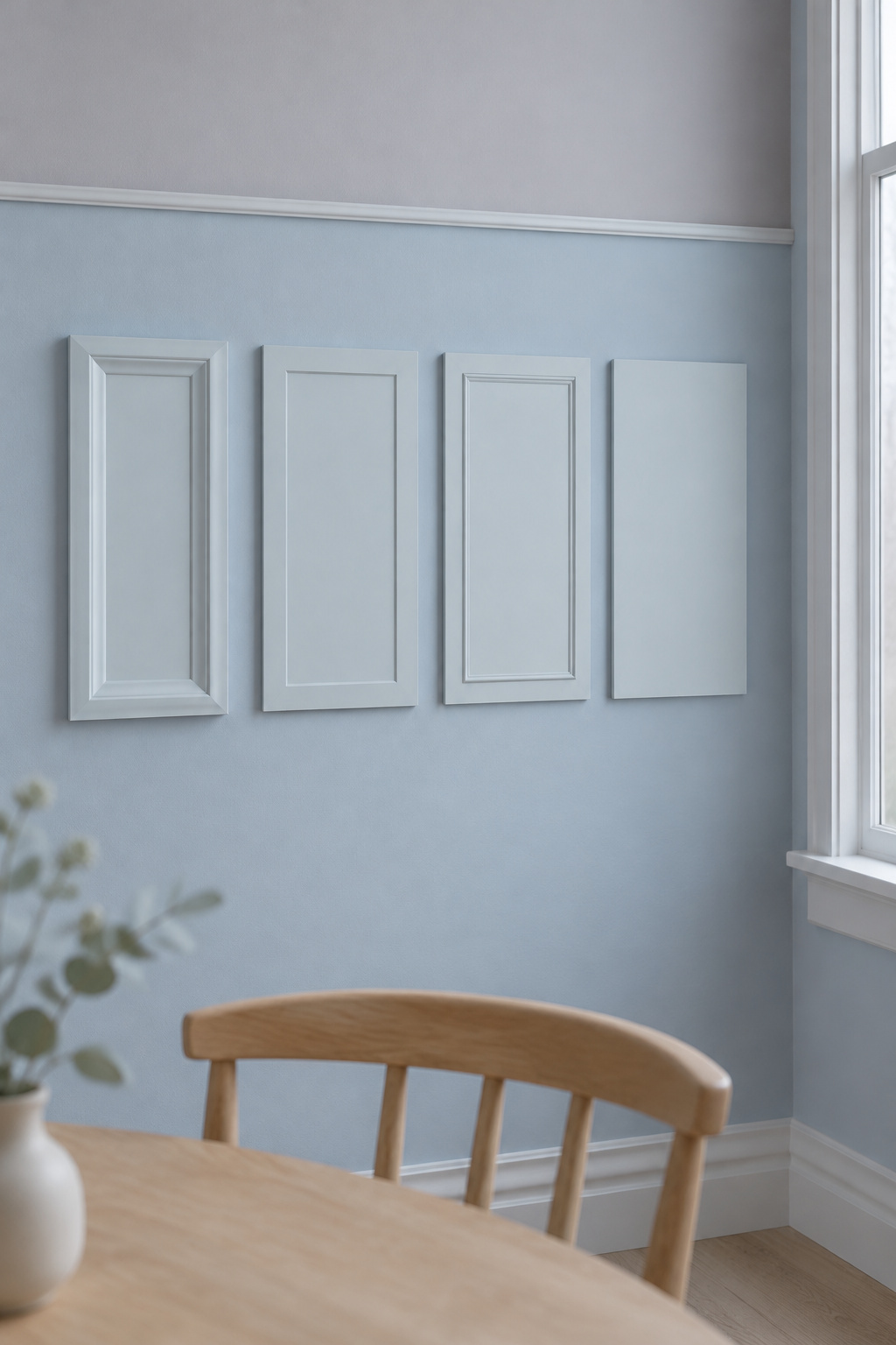 Four painted wall sample panels showing a deep raised bevel, a shallow bevel, applied molding and a flat panel side by side