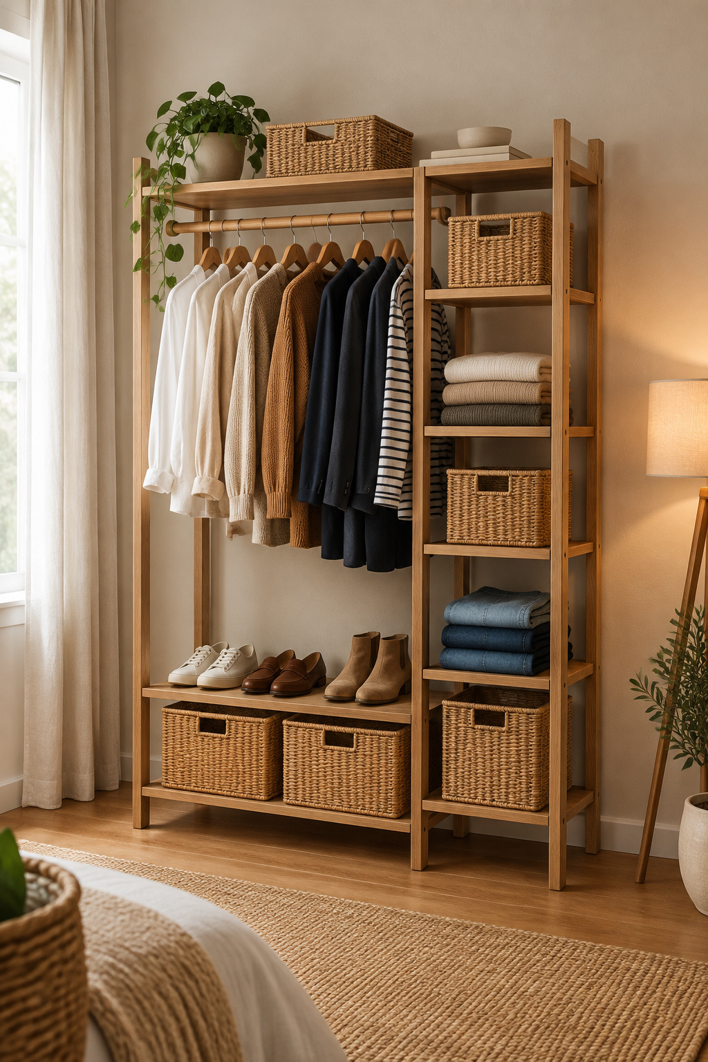 Freestanding oak closet system with hanging rod, shelves and rattan bins, no wall drilling