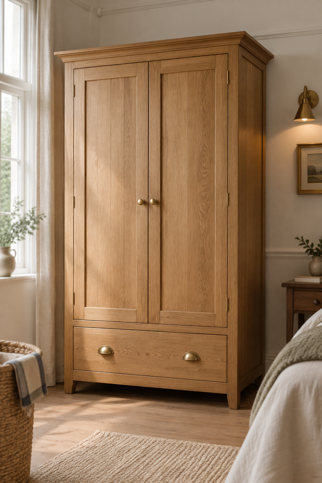 Tall freestanding oak wardrobe with brass hardware standing against a bedroom wall with no closet
