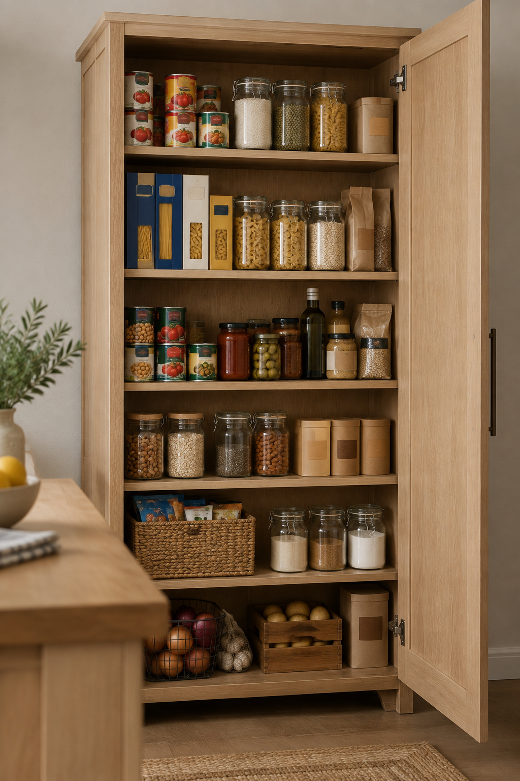 Tall freestanding white oak pantry cabinet with its door open, stocked with canned goods, boxed food and glass jars, in a kitchen with no built-in pantry