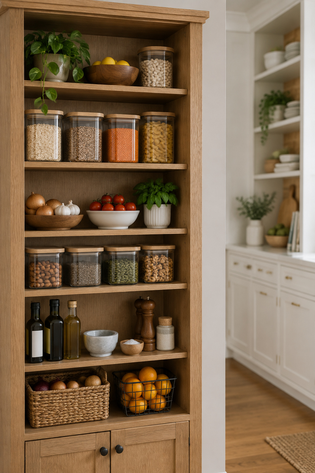 Side-by-side comparison of a freestanding white oak pantry cabinet and a built-in white pantry cabinet in a kitchen