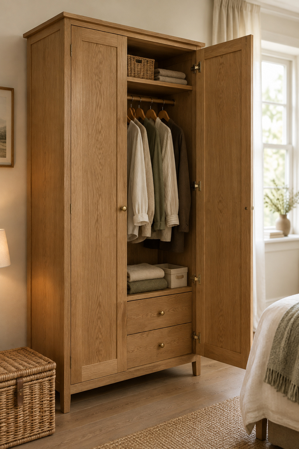 Freestanding oak wardrobe with open door and hanging clothes, used as a closet substitute in a bedroom with no closet
