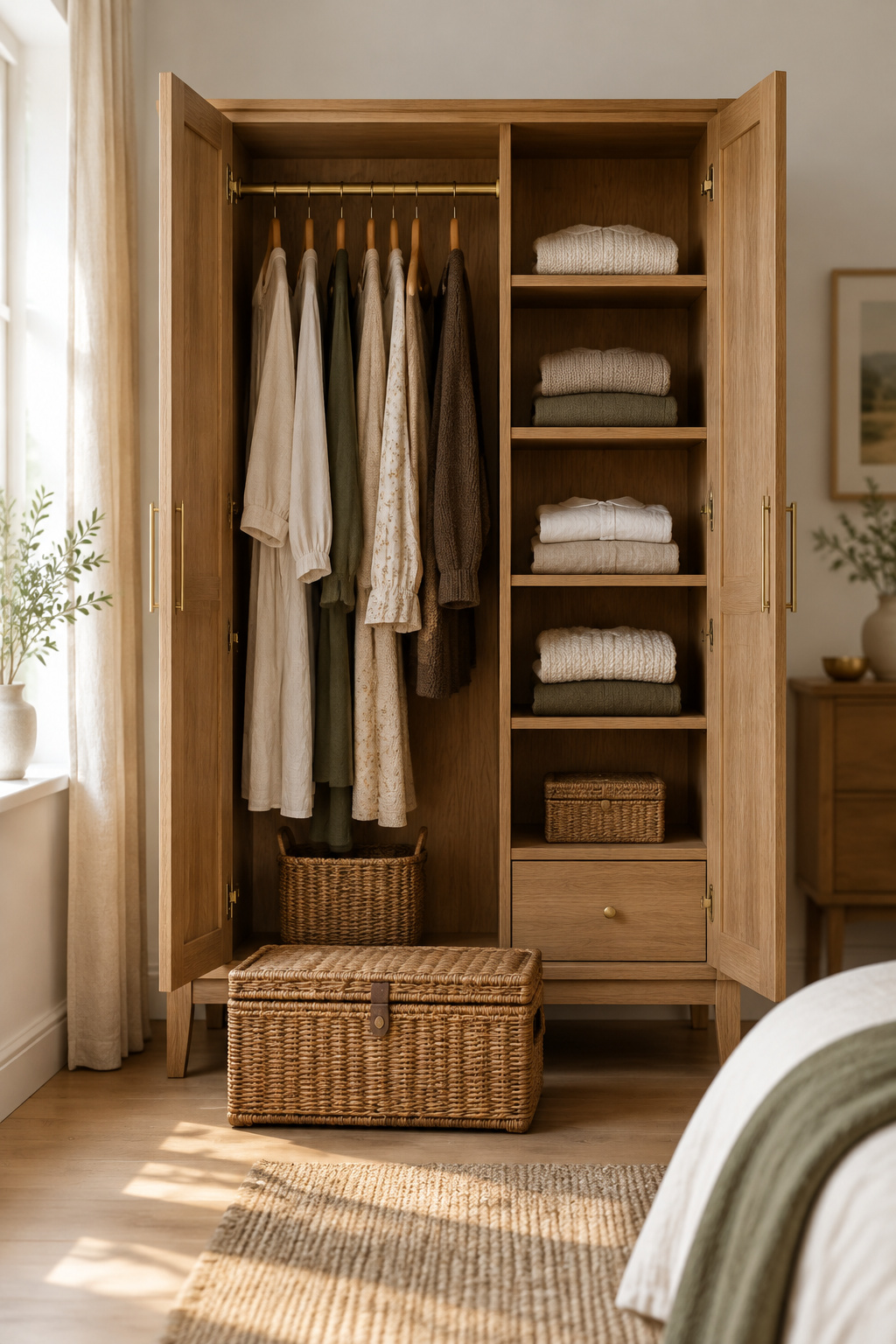 Freestanding oak wardrobe with open doors showing hanging clothes and folded shelves, used in a bedroom with no closet