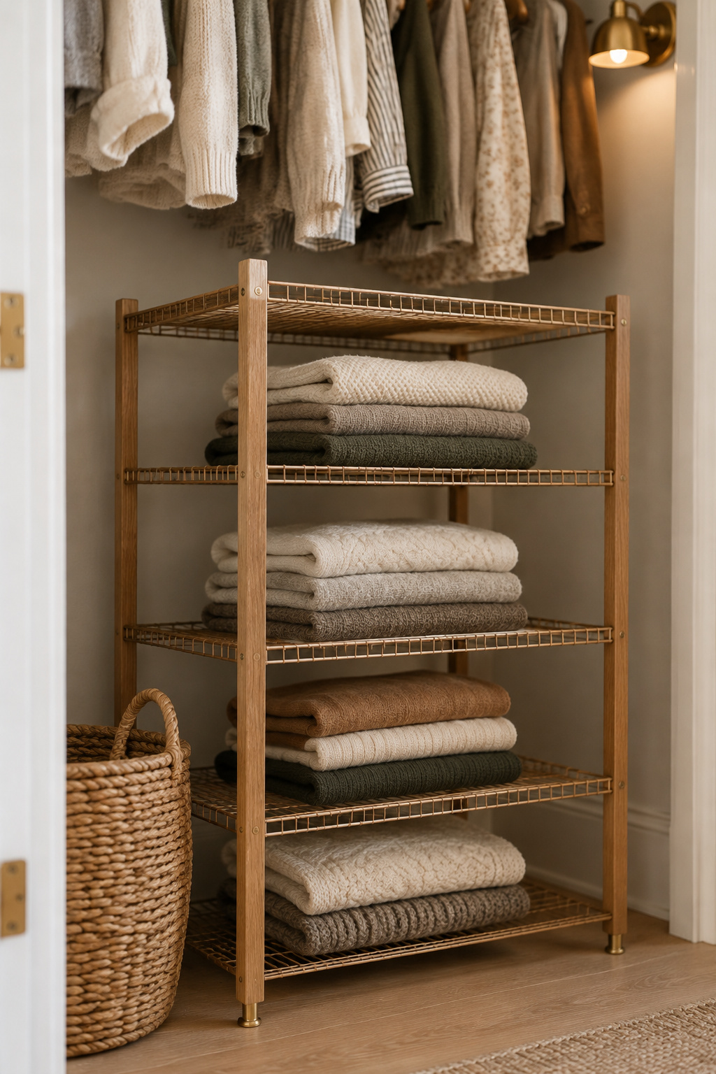 Freestanding wire shelving unit holding folded sweaters inside a rental closet, no wall attachment