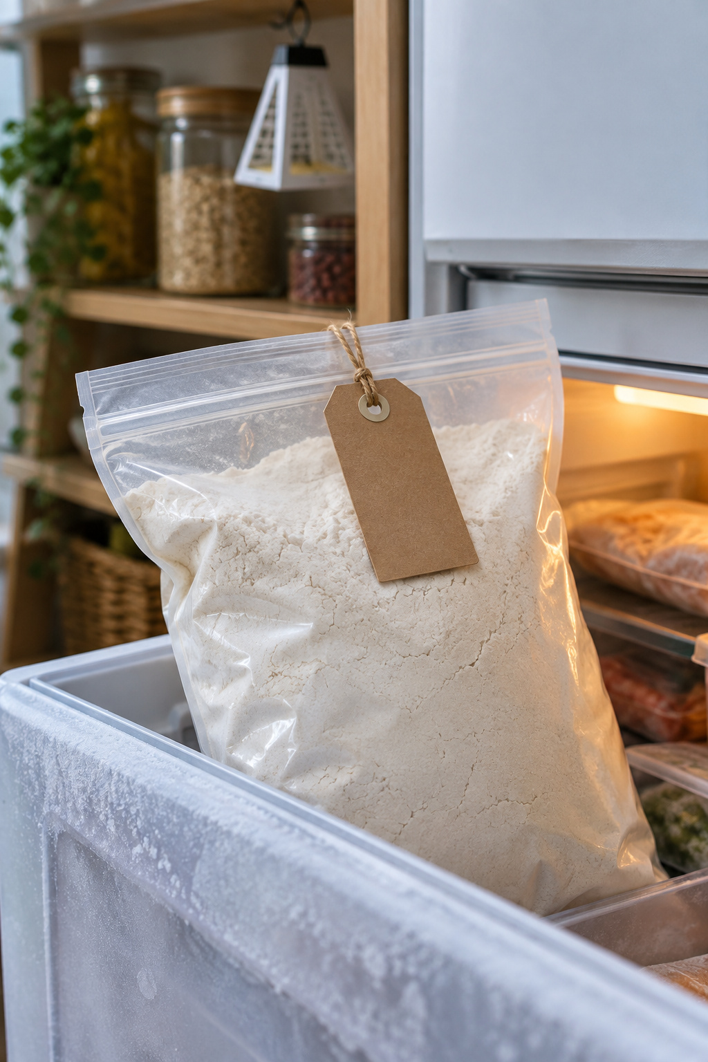 A kraft-labeled bag of flour being placed into a freezer drawer to kill pantry moth eggs