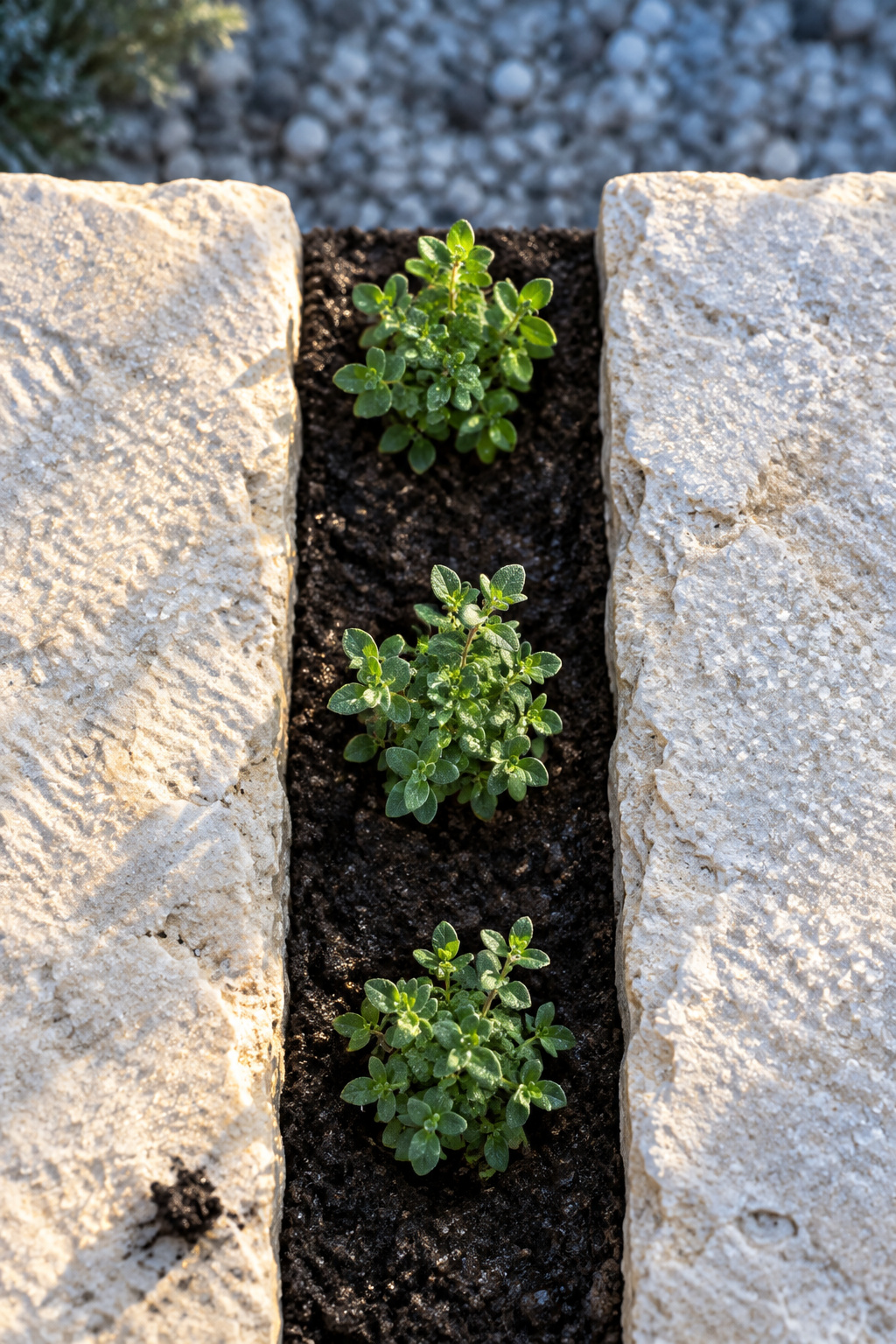 Three small green plants set into a narrow gap of dark moist soil between two pale limestone slabs with dew on the stone