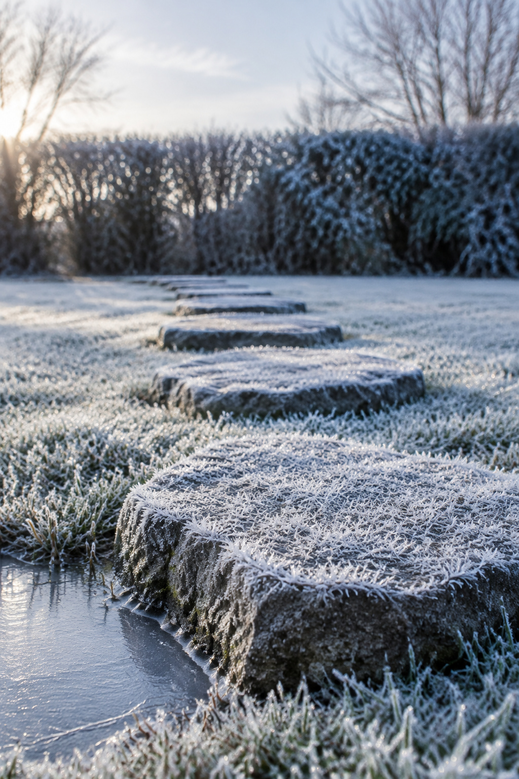 A line of grey stepping stones rimmed with white frost across a stiff, frosted lawn on a cold clear morning