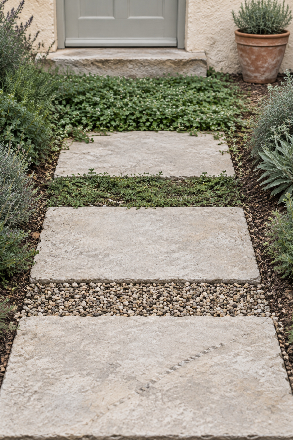 Three pale flagstones leading from a back door step, the nearest gap packed with fine gravel, the middle gap with a sparse green mat and the farthest gap thick with groundcover