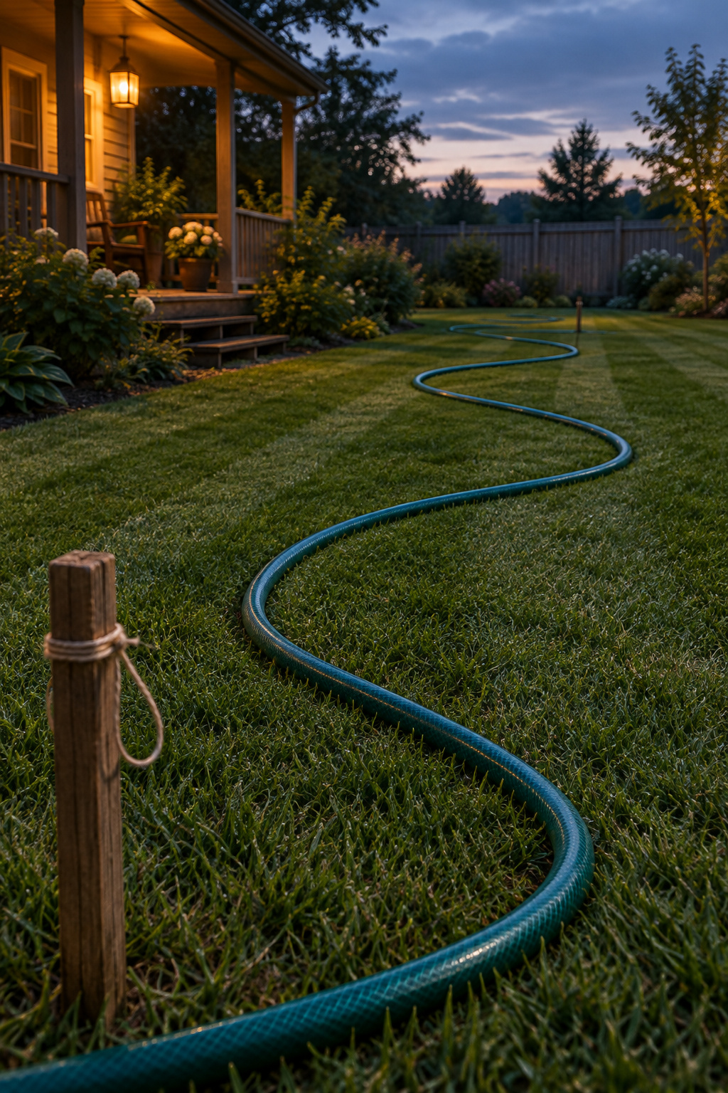 A green garden hose laid in a gentle S-curve across a striped lawn marking the outline of a future path, with a wooden stake at each end
