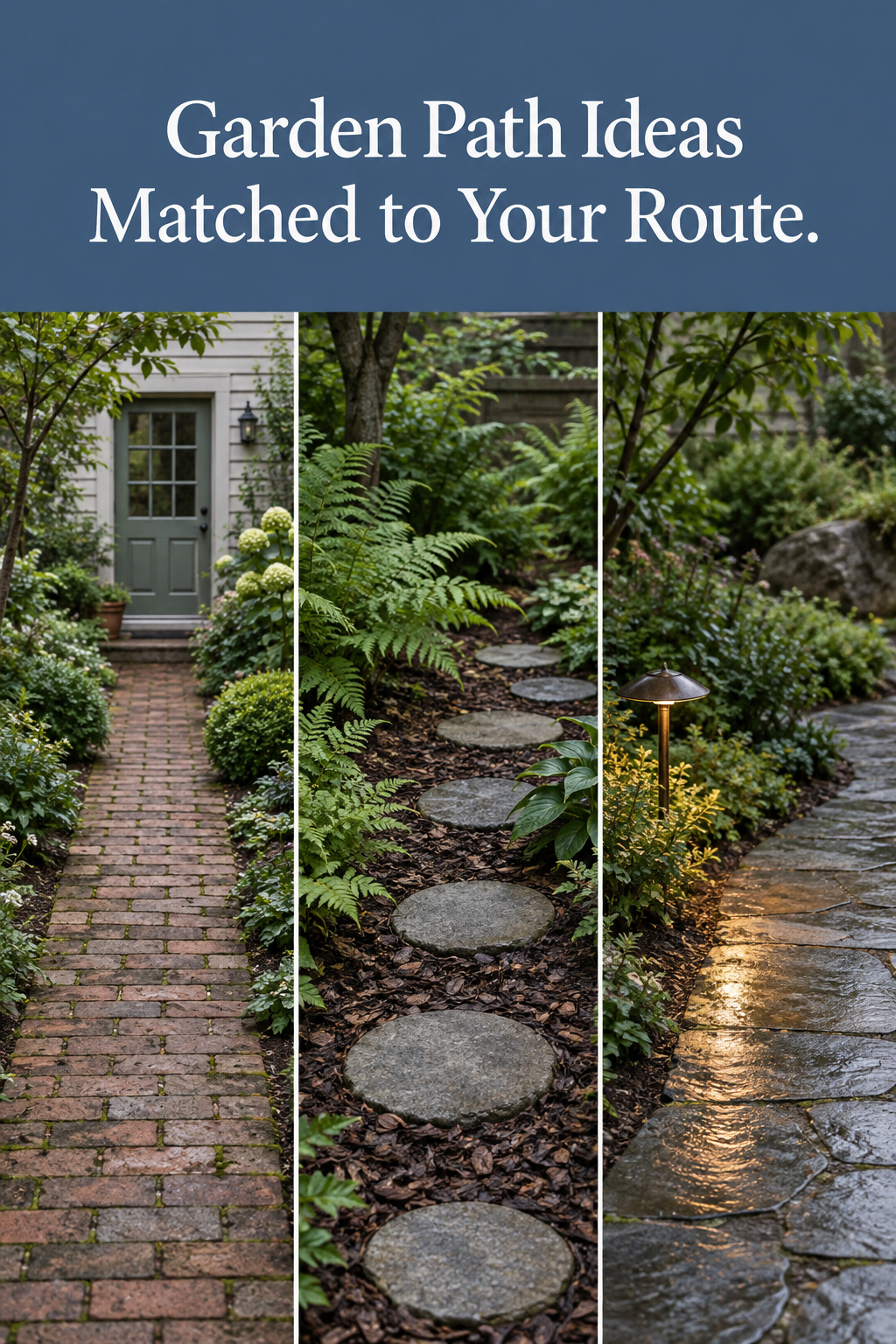 Collage of a tight brick path to a back door, stepping stones in dark bark under ferns, and a low light on a wet stone path bend, under a slate blue headline band