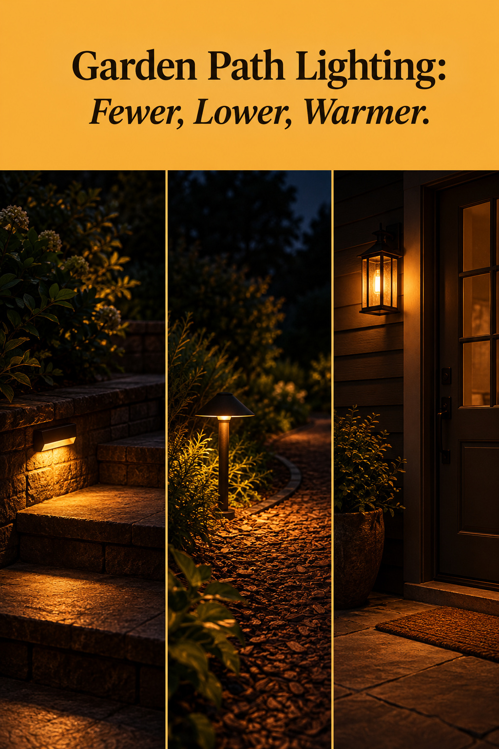Pinterest collage of three night garden lighting views, steps, a bark path turn and a back door, under an amber band carrying the headline Garden Path Lighting: Fewer, Lower, Warmer