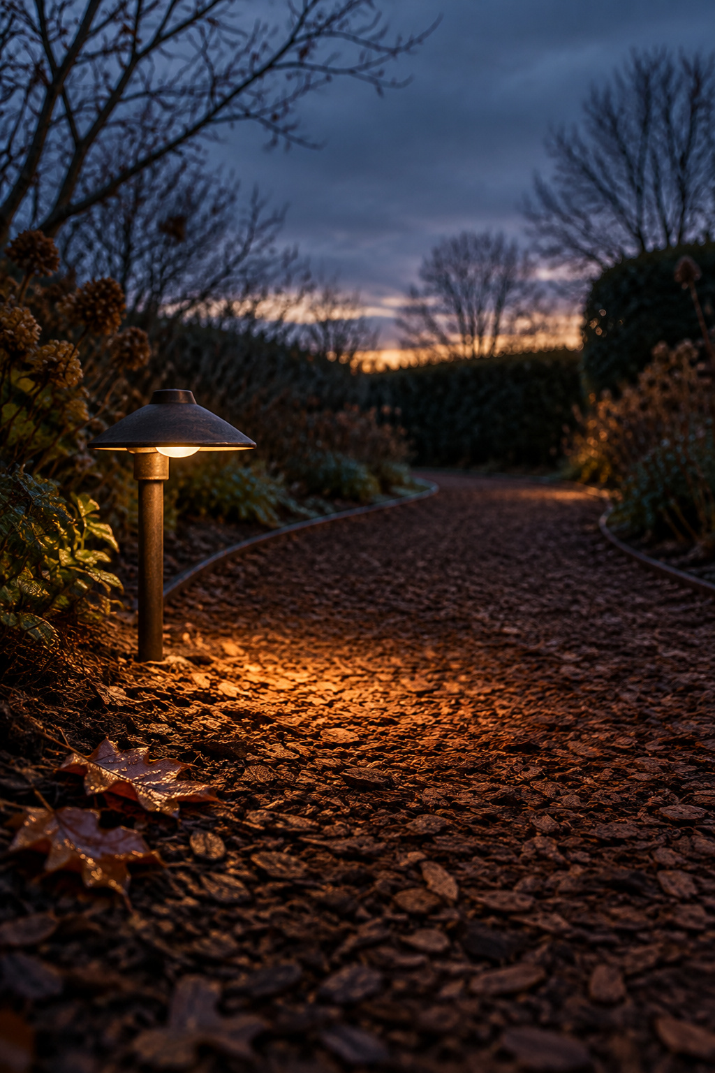 A curving bark mulch garden path at dusk with a single low bronze light at the turn casting a small pool of amber light
