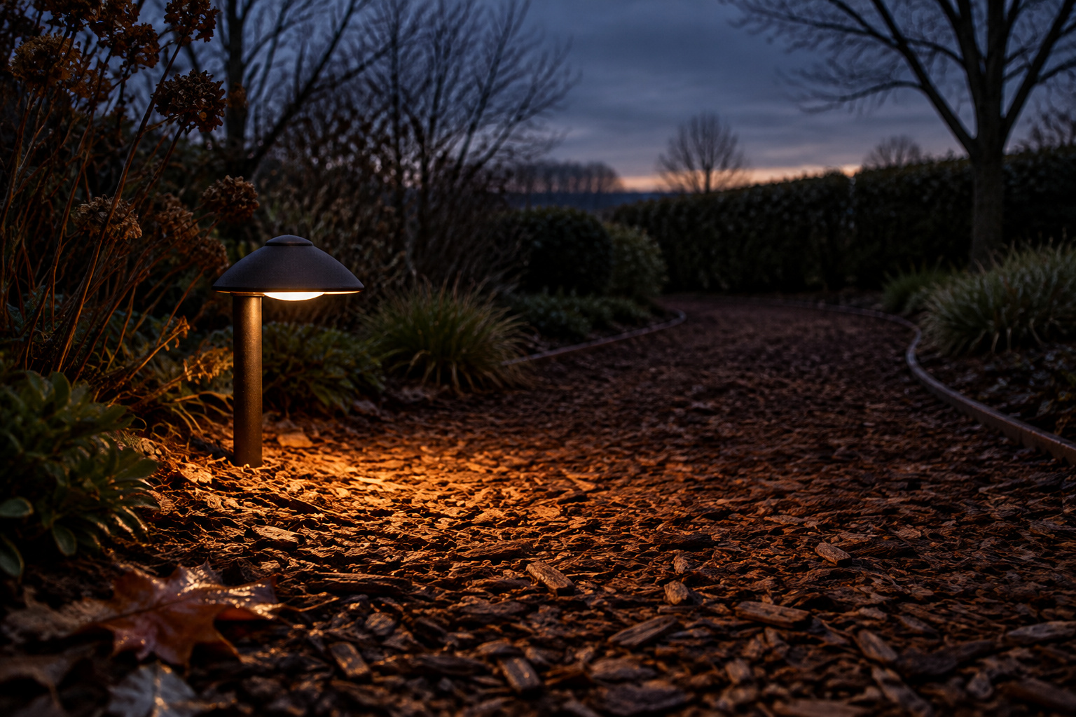 A curving bark mulch garden path at dusk with a single low bronze light at the turn casting a small pool of amber light