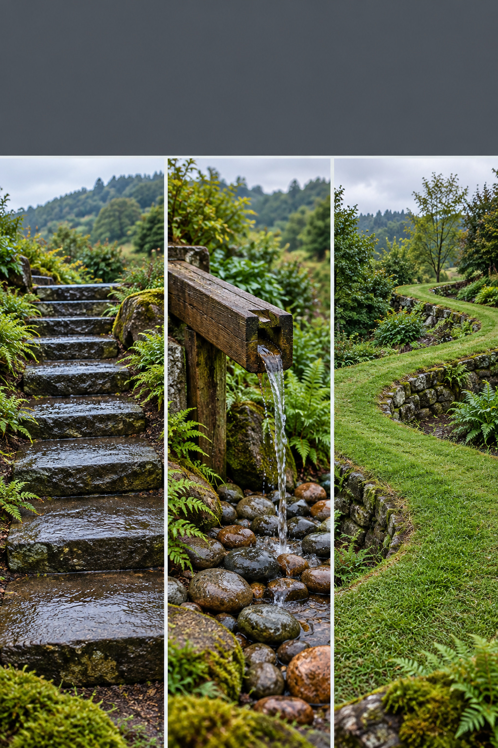 Pinterest collage of wet stone garden steps, a timber water bar and a grass ramp turning a switchback, under a slate grey headline band reading Garden Path on a Slope: Steps and Drains