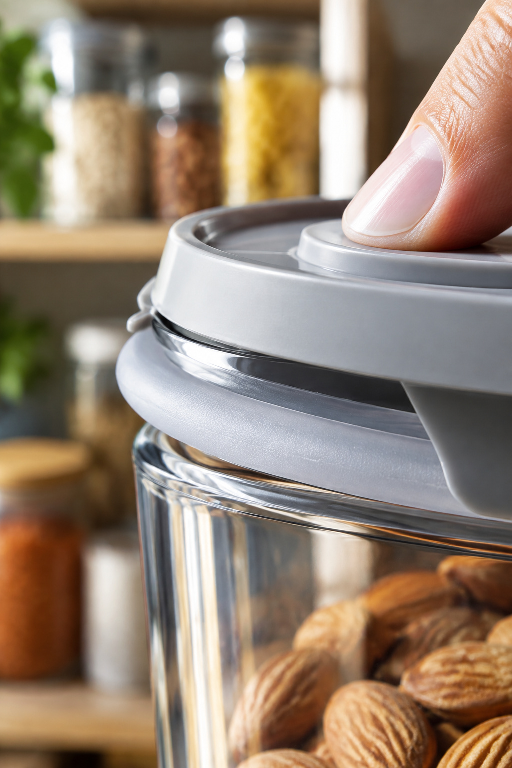 Close-up of a canister lid's black silicone gasket ring pressed against the container rim with a fingertip on the release button